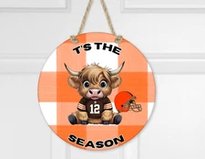 Handmade Cleveland Browns Inspired Highland Cow Welcome Door Hanger Sign