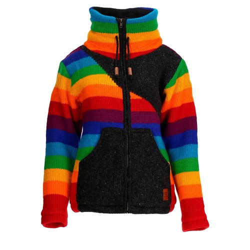 Strickjacke Goa Wolle Bunte Regenbogen Jacke Fleecefutter Hochkragen Unisex Fair - Bild 1 von 1