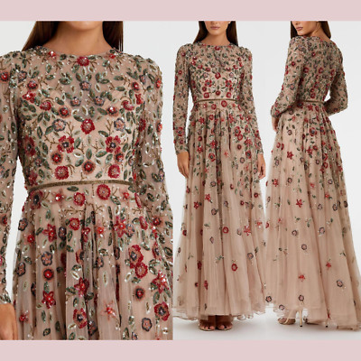 ★Mac Duggal★ Beige Vネック シアースリーブ Aラインドレス Beige Embellished Plunge Neck Puff Sleeve A Line Gown - Mac