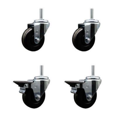 3.5 Inch Phenolic Wheel Swivel 3/4 Inch Threaded Stem Caster Set 2 Brakes SCC