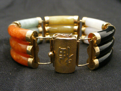 CHINESE 14K GOLD W/ONYX JADE QUARTZITE JADEITE BRACELET