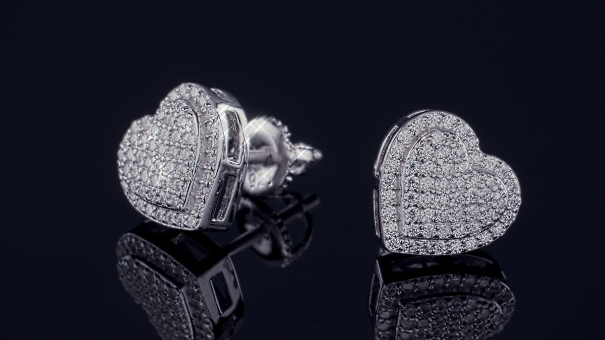 Solid 925 Sterling Silver Iced Heart Stud Earrings Simulated