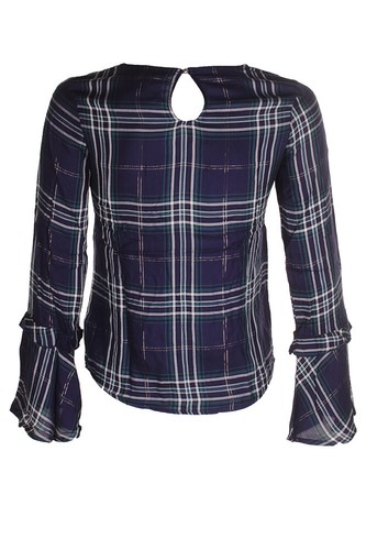 Maison Jules Navy Multi Metallic Bell-Sleeve Plaid Blouse S - Picture 2 of 3