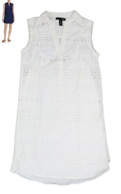 Aqua Sleeveless Eyelet Cutout V-Neck Button Front Mini Length Shift Dress NWT