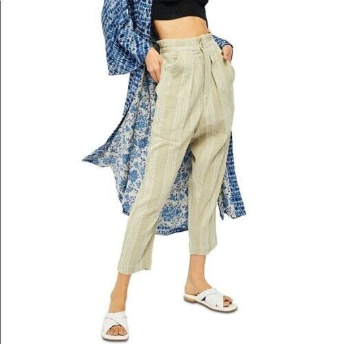 Free People Semi Sweet Striped Paperbag Retro Trousers, Green, Medium, RRP $128 - Picture 2 of 4