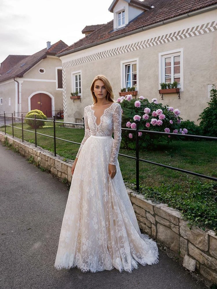 Long sleeve lace sheath wedding cheap dress