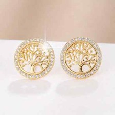 Women Trendy Round Life Tree Design Stud Gold Plated Cubic Zirconia Earrings