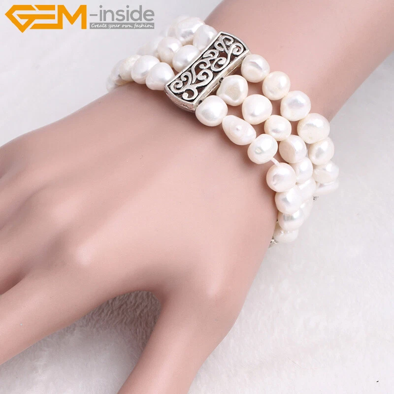 弹性天然白色淡水珍珠串珠珠宝手链手镯 7 英寸礼物 — 第 3/4 张图片