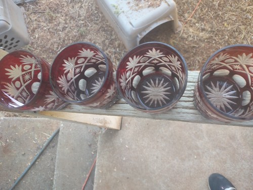 VTG SET 7 BOHEMIAN CZECH CUT TO CLEAR CRYSTAL TUMBLERS GLASSES RED 4" tall - Picture 10 of 24
