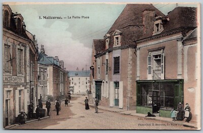 Malicorne France c1910 Postcard Le Petit Place Market Cafe crease