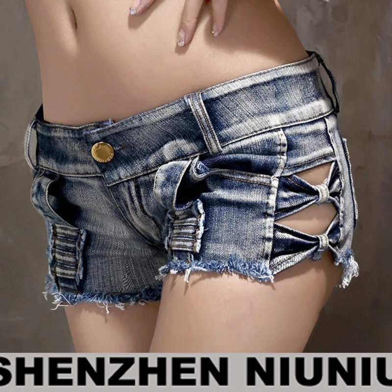 New Women Girl Mini Jeans Shorts Pants Trousers Denim Low Waist Side Cross Belt