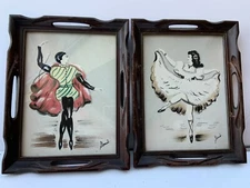 MID CENTURY FRAMED DANCERS ART PRINT SIGNED STRAND FRAMED UNDER GLASS