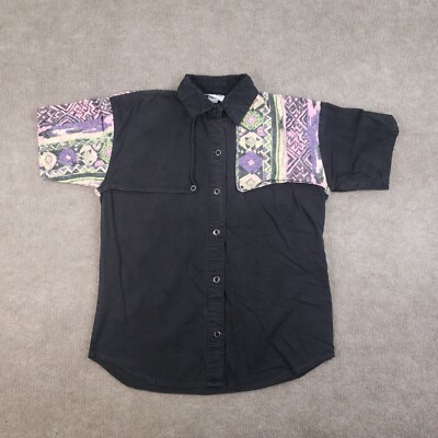 VTG Sassa Shirt Womens Small Black Purple Button Up Western Short Sleeve USA