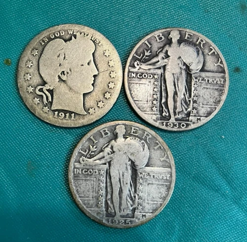 Lot 6 Silver Quarters- 1911-S Barber 1925 & 1930 Standing Liberty, 3 Lib No Date