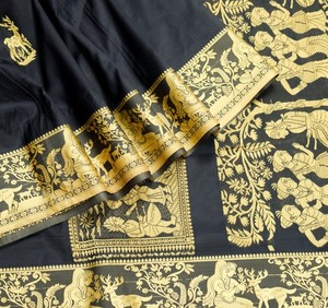 Sushila Vintage Black figure Sari Pure Mulberry Silk Baluchari Handloom Saree