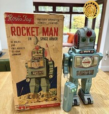 1960s Alps Bandai Japan Tin Battery Operated Rocket Man Robot Toy & Original Box