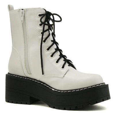 Women Combat Platform Lug Sole Block Heel Ankle Boots White Lace Up Size 11