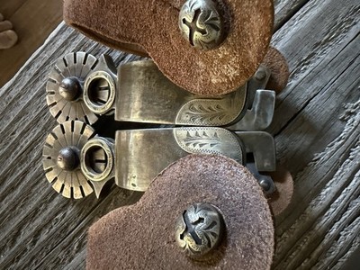 Heavy Iron Cowboy Spurs - Hand Tooled Silver and Leather Straps