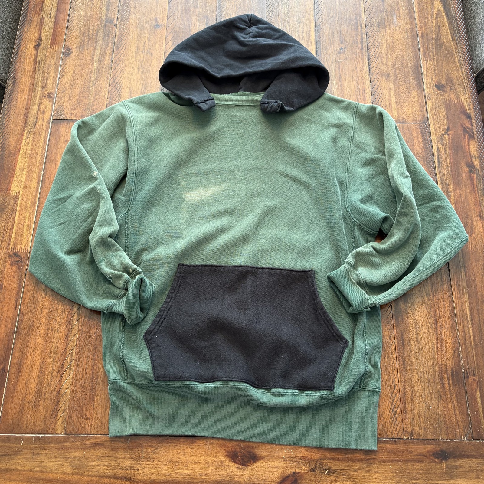 Custom Rework Champion Afterhood Reverse Weave Hoodie Sweatshirt XL Green Black - second product detail image