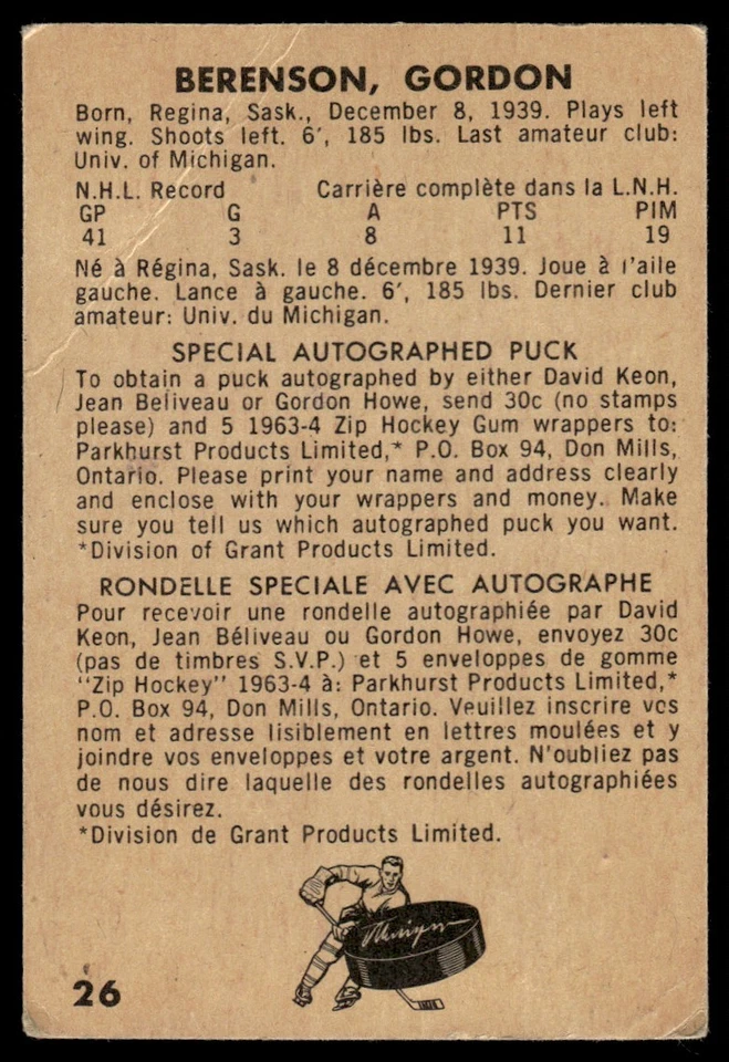 1963-64 Parkhurst Red Berenson Rookie Montreal Canadiens #26 - Image 2 of 2