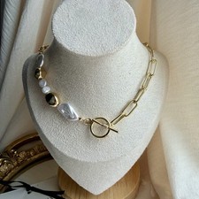 Asymmetric Pearl & Paperclip Chain Toggle Necklace | Gold Tone Stainless Steel