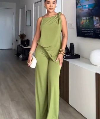 ZARA GREEN ASYMMETRIC DRAPED TOP AND MATCHING TROUSERS Co Ord Set SIZE S NEW