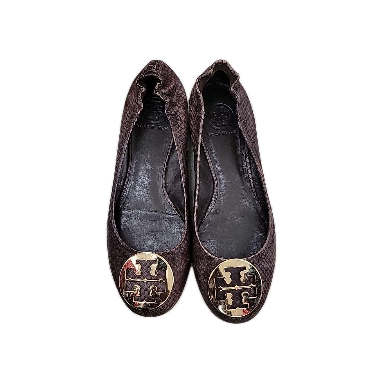 Tory Burch Minnie Croco-Embossed Leather Ballet Flat  dark brown logo gold  8.5