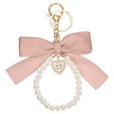 Ribbon Bow Keychain Pearl Wristlet Keychain Heart Pendant Pink