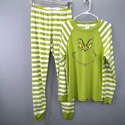 Hanna Andersson Grinch Pajama Set Adult M Pants Shirt Green Striped PJs  Organic