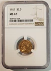 1927 INDIAN HEAD $2.5 QUARTER EAGLE MS62 NGC GOLD COIN