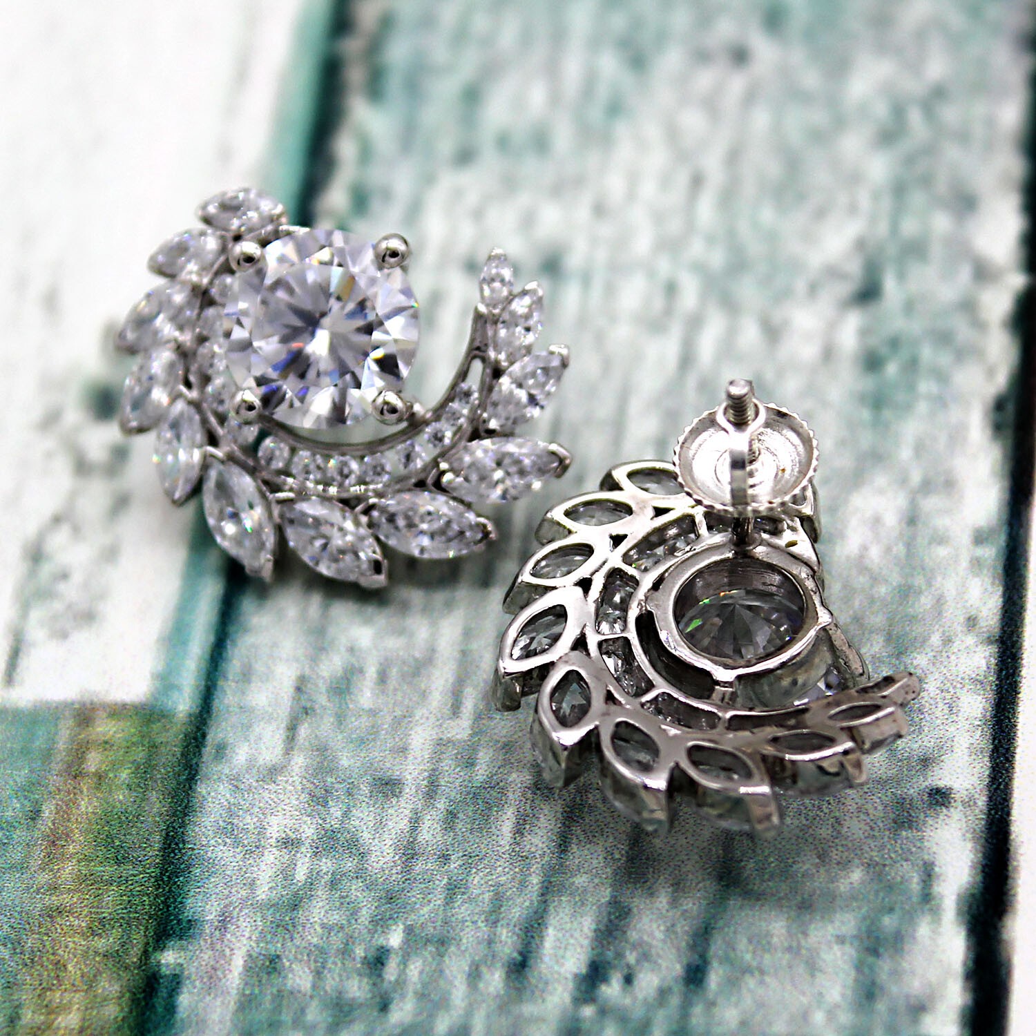 Round Marquise MOISSANITE Art Deco Exquisite Stud Earrings 9kt Solid White Gold image 7