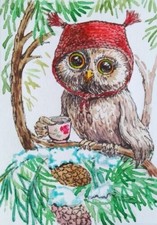 ACEO birds owl  pencil watercolor  3,5"х2,5" 9x6cm not print