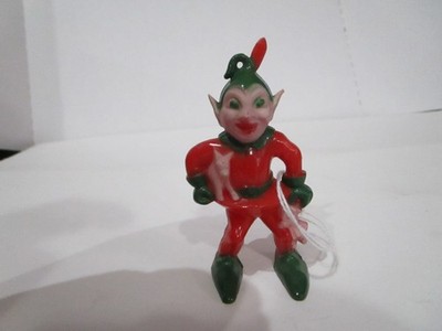 Vintage Red Green Elf figurine  3-1/4'' plastic 1950's pixie elf with toys