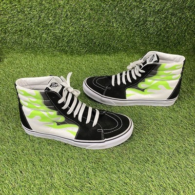 High Top Vans Sk8-Hi Flame Black T White Green Shoes Men's size 11 Skateboard