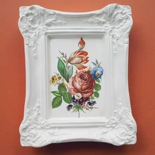 Vintage White Rococo-Style Frame Plaque With Colorful Floral Bouquet