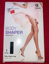 HANES Body Shaper Q Black Pantyhose Silky Sheer Leg Sheer Toe 1 Pair