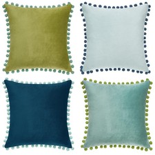 Decorative Throw Pillow Covers Cushion Cases, Set of 4 Soft Velvet Pom Poms D...