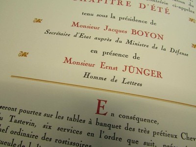 Speisekarte für Ernst Jünger: ?Cérémonie d?Inthronisation? der ?Confrérie de che