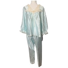 Vtg Lily of France Sz S Powder Blue Satin Lace Pajama Set 2-Piece Sleepwear NWT