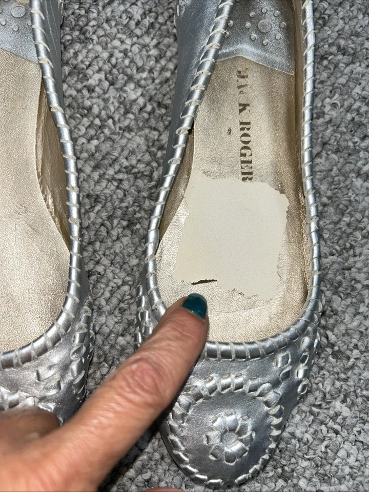 Jack Rogers Women's Sz 9 Navajo Leather Ballet Flats Silver Metallic Woven - Image 2 of 4