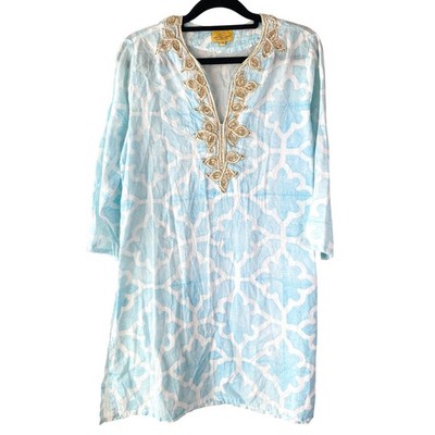 Roberta Roller Rabbit Womens Tunic XS Blue Geometric Embroidered Coastal Kurta