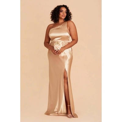 NEW Birdy Grey Kira Dress Womens 1X Gold Shiny Satin One Shoulder Wedding  Gown | eBay
