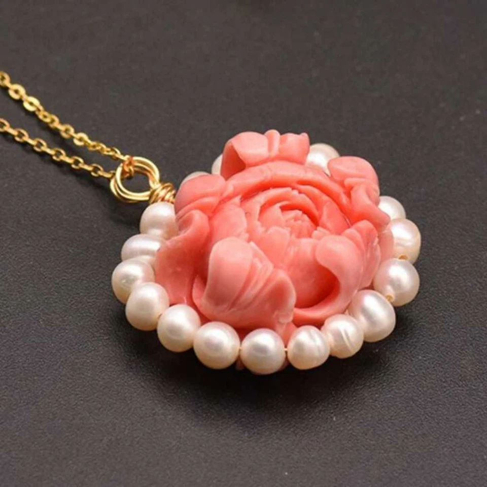2024 Nuevo Colgante Flor Coral Rosa Perla Agua Dulce Natural Joyería Plata Foto 3 de 4