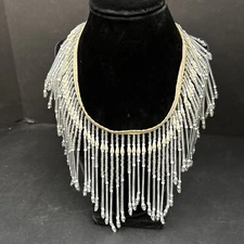 Vintage Clear Sead Bead Dangle Choker Bib Necklace Retro Modern Statement