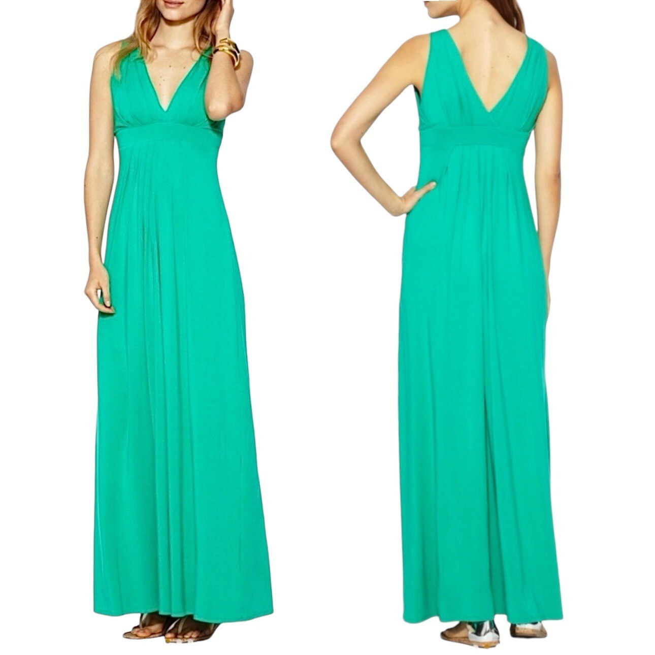 AVALEIGH Maxi Dress Green Jersey Sleeveless V-neck Empire Waist Summer Sz. M-image