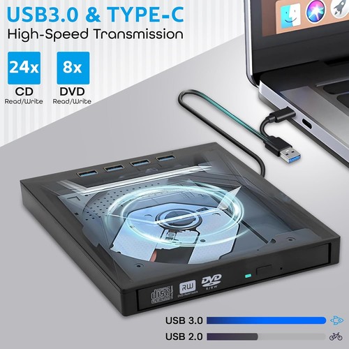 7 IN 1 External USB 3.0 DVD CD RW Writer Drive Burner Reader Player For Laptop - Picture 5 of 12