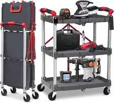3 Tier Foldable Rolling Tool Cart Utility Cart Storage Organizers with Wheels US
