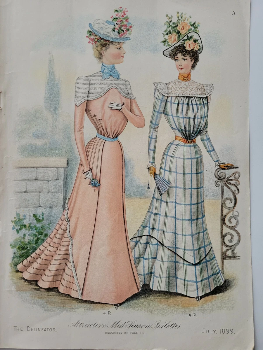 1899 womens mid-season Toilette dress clothing color print vintage