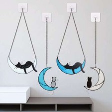 Black Cat Decor On Moon Stained Glass Window Hanging Suncatcher Home New