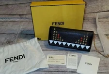 Fendi Continental Wallet On Chain Studs Black/Red Leather Clutch NEW ❤️